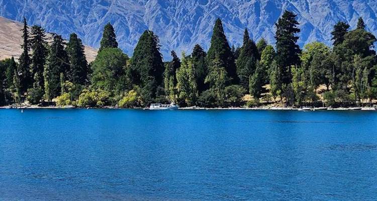 Lac d'un bleu éclatant bordé de grands pins avec un paysage montagneux accidenté en arrière-plan.