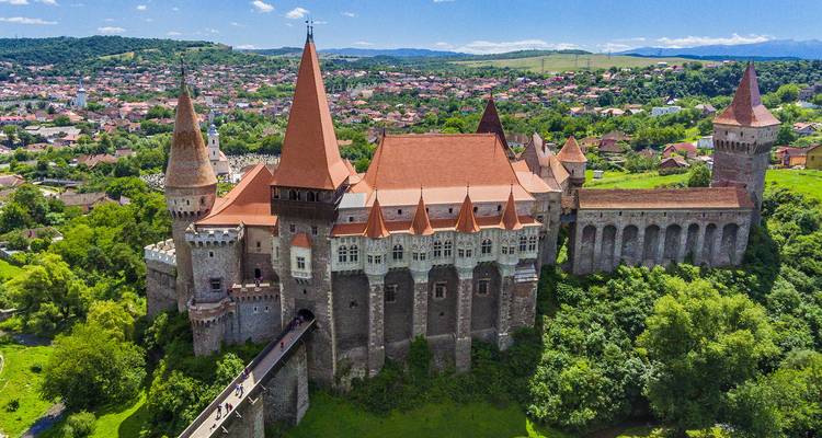 Une vaste forteresse de style gothique avec de hautes tours et un pont-levis s'étend à travers une vallée verdoyante luxuriante.