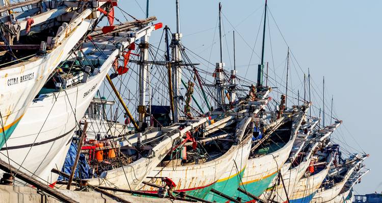 Rangée de navires de charge phinisi traditionnels en bois amarrés au port de Sunda Kelapa