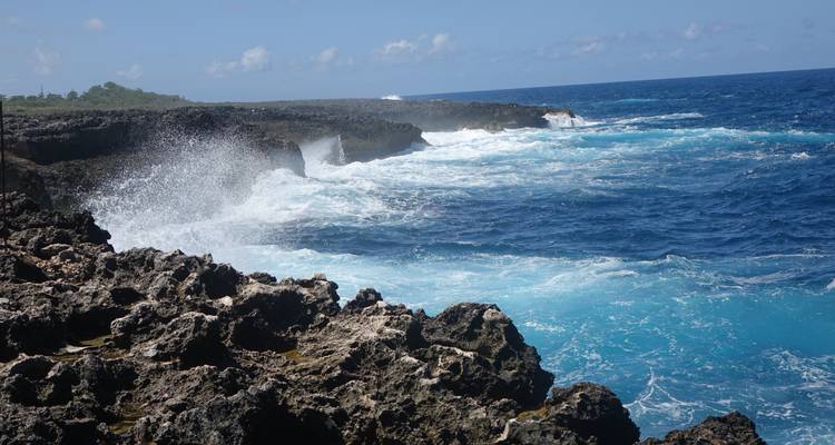 Des vagues océaniques puissantes se brisant contre une côte rocheuse volcanique accidentée sous un ciel bleu