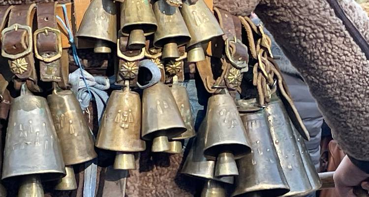 Close-up van talrijke bronzen koeibellen vastgebonden aan elkaar op een traditionele kostuum riem.