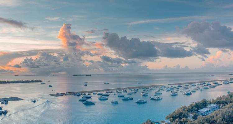 Scène portuaire sereine au crépuscule avec de nombreux yachts ancrés sous des ciels aux tons pastel.