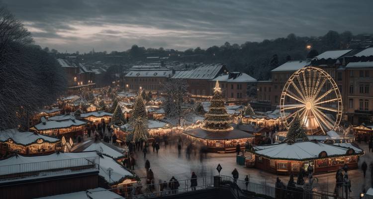 Mercado navideño con ambiente mágico al atardecer con puestos iluminados, una noria y tejados cubiertos de nieve.