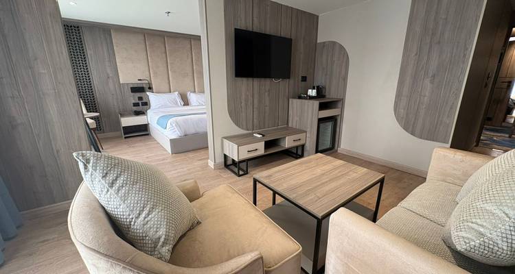 Camarote moderno y espacioso en el crucero con cama doble, zona de estar y decoración de madera neutra.