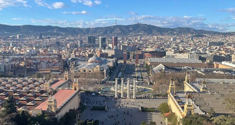 Vue panoramique de Barcelone depuis Montjuïc avec fontaine aux quatre colonnes et ville s'étendant en contrebas