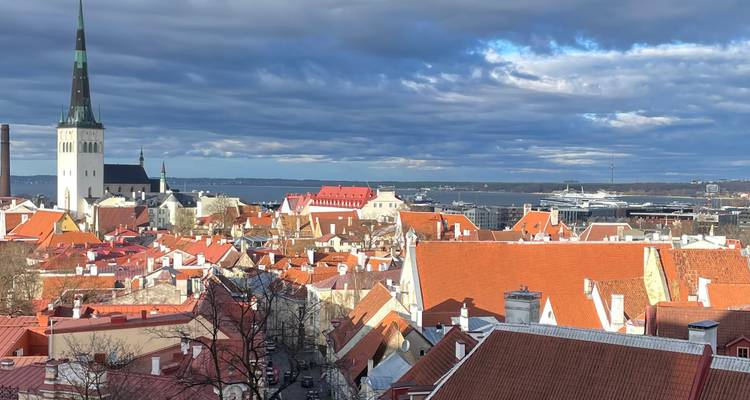 Toits rouges et clocher d'église de la vieille ville de Tallinn sous des nuages d'après-midi dramatiques
