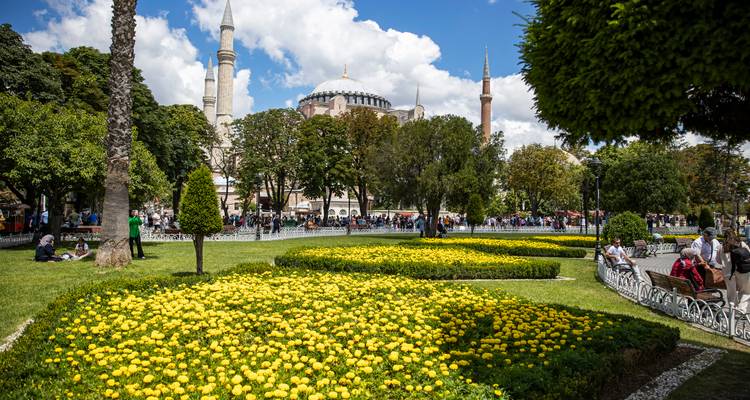 Lush garden with yellow flowerbeds leading to Hagia Sophia and its minarets under puffy clouds.