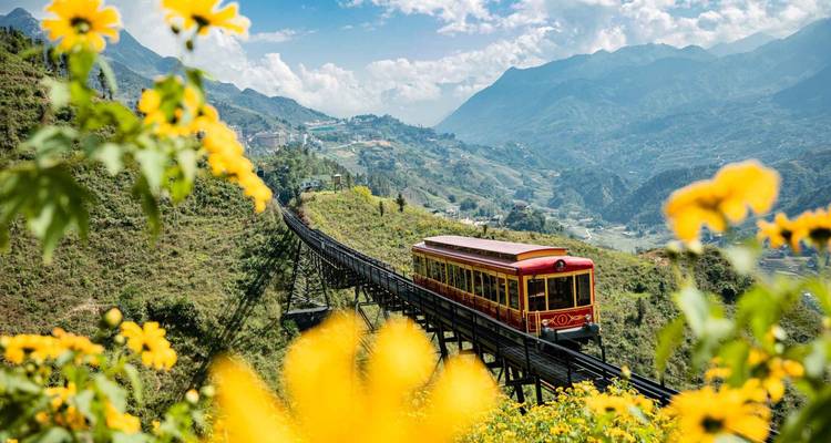 Eine leuchtend rote Bergbahn überquert eine hohe Brücke, die von gelben Blumen umrahmt wird, mit dem Sapa-Tal dahinter.