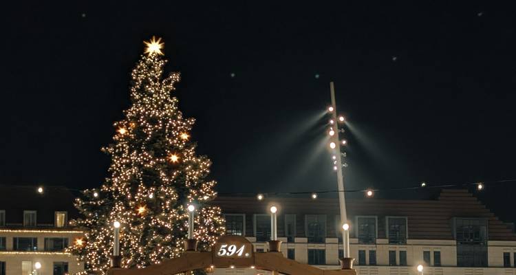 Árbol de Navidad iluminado coronado con una estrella brilla contra un cielo nocturno oscuro en una plaza europea.