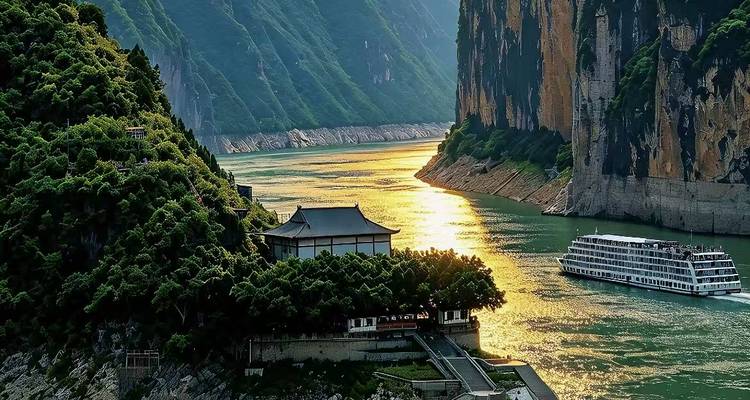 Un navire de croisière glissant à travers une gorge spectaculaire du fleuve Yangtze avec des reflets de coucher de soleil doré sur l'eau.