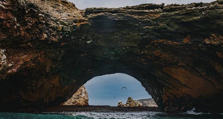 Un arco de mar natural tallado en roca volcánica escarpada enmarca una vista de aves marinas y el Océano Pacífico.