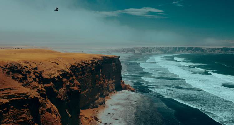 Les falaises désertiques infinies rencontrent les vagues ondulantes sous un ciel turquoise dramatique avec de la brume.