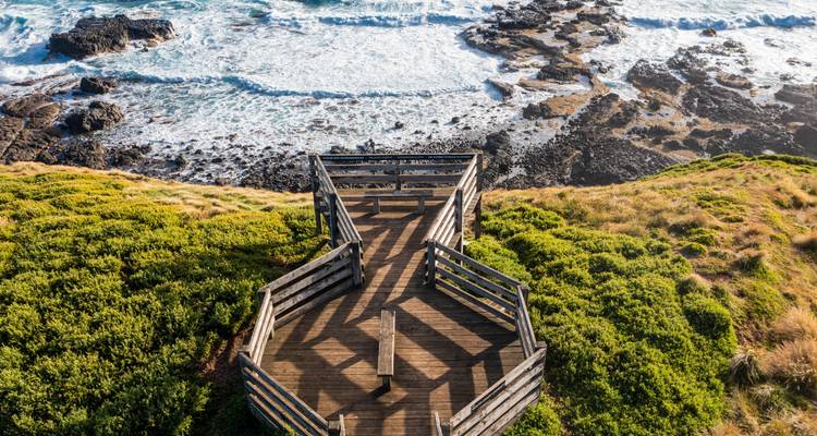 Plateforme d'observation en bois surplombant un littoral rocheux avec des vagues déferlantes et une végétation luxuriante.