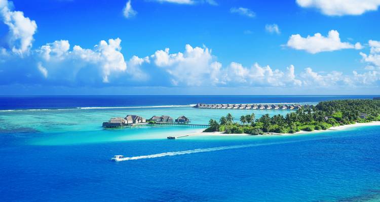 Les îles de villégiature tropicales des Maldives dans un lagon turquoise brillant avec le sillage d'un bateau à moteur rapide.