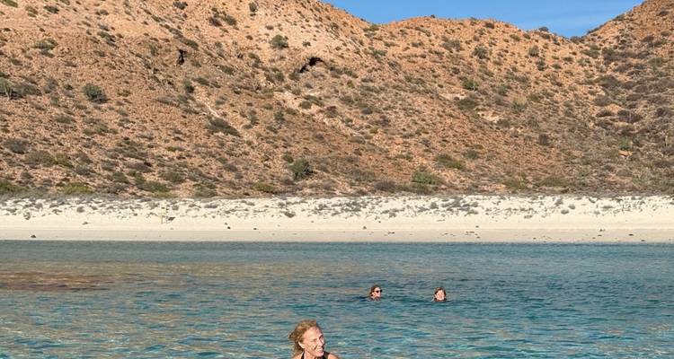 Les voyageurs apprécient la baignade dans une eau bleu clair près d'un rivage sablonneux parsemé de cactus.