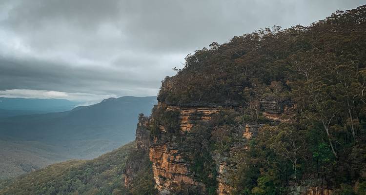 Vue atmosphérique d'une falaise de grès boisée sous un ciel nuageux dans les Montagnes Bleues
