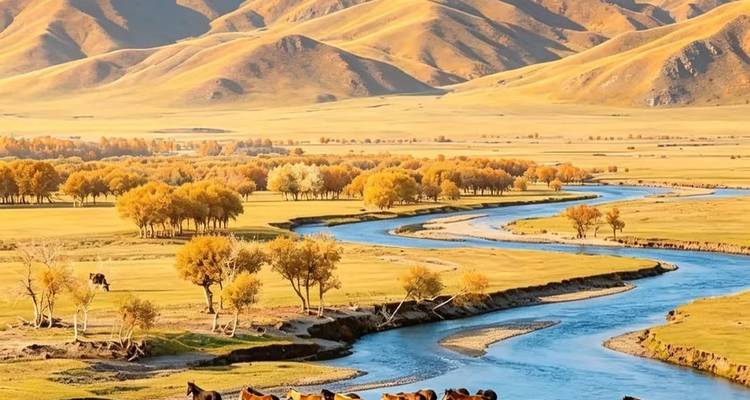 Un fleuve bleu sinueux traversant une vaste plaine automnale jaune avec des collines ondulantes lointaines.