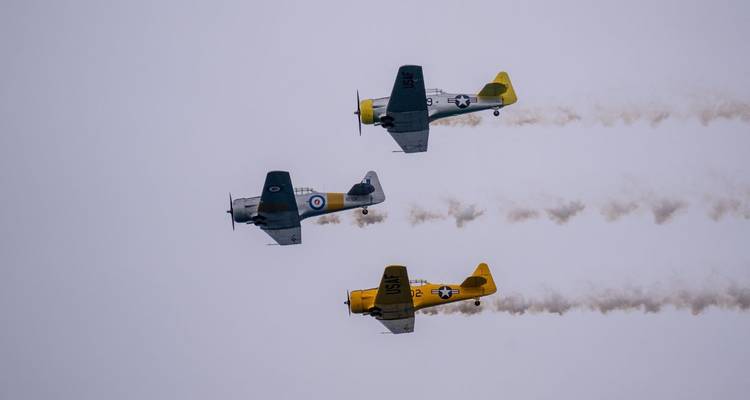 Tres aviones de entrenamiento vintage con colas de colores dejando humo contra un cielo gris.