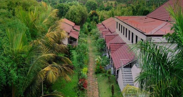 Des palmiers luxuriants encadrent une allée de jardin qui mène devant des rangées de villas aux toits de tuiles rouges.