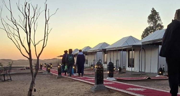 Les voyageurs marchent sur un tapis rouge en direction des tentes de glamping désertique au crépuscule.