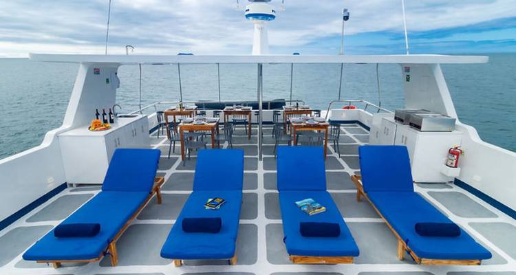 Pont soleil avec des chaises longues bleues et des tables de salle à manger sur un yacht blanc surplombant une mer calme.