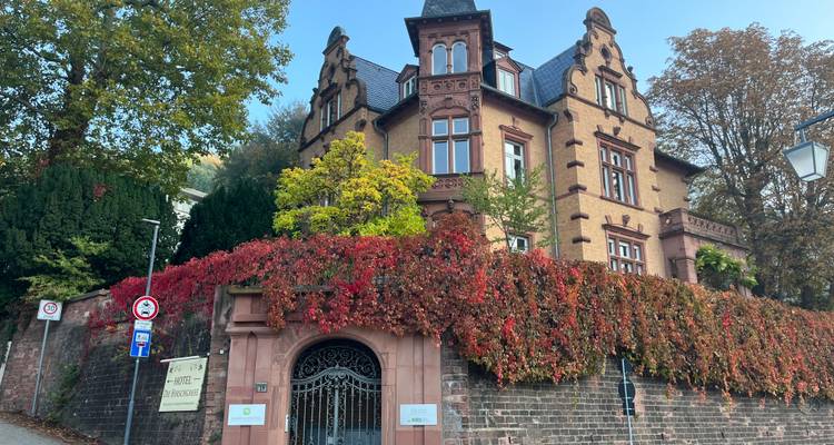 Villa historique couverte de lierre automnal d'un rouge éclatant et entourée d'arbres dans une rue tranquille.