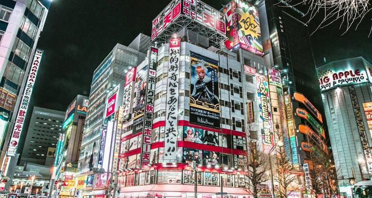 Cañón de rascacielos iluminados con neón en Tokio por la noche con multitudes y anuncios publicitarios parpadeantes