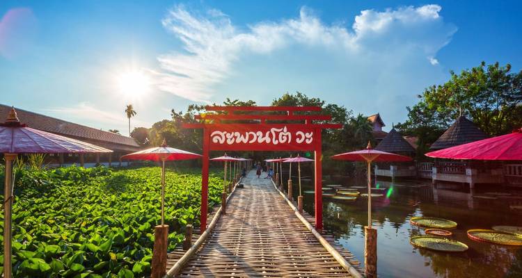 Promenade ensoleillée surplombant un étang de lotus menant à une porte d'entrée thaïlandaise rouge avec des parasols alignés sur les côtés.