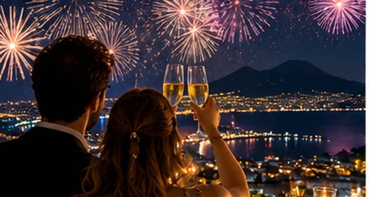Un couple lève des verres de champagne tandis que des feux d'artifice illuminent le ciel nocturne au-dessus d'une ville côtière et du Mont-Vésuve.