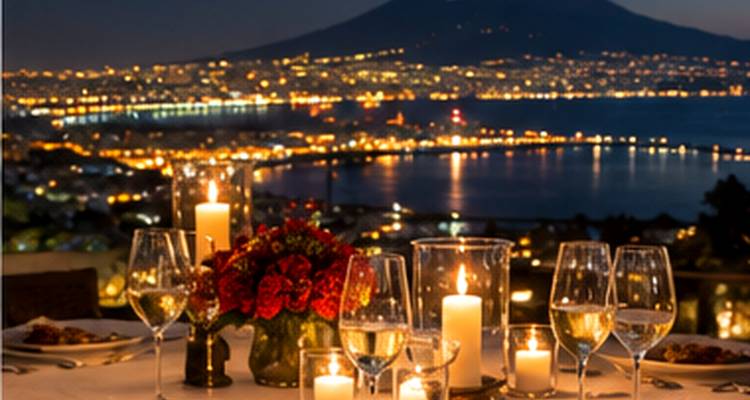 Table de dîner aux chandelles dressée avec du vin et des fleurs donnant sur une baie scintillante la nuit.