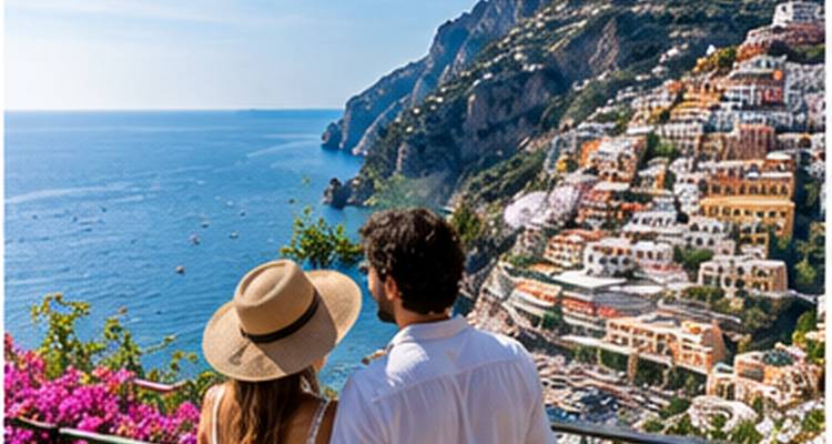 Un couple admire les maisons en bordure de falaise de Positano et la mer scintillante encadrée par des fleurs roses.
