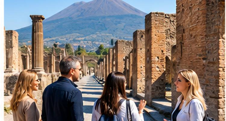 Le guide explique les ruines antiques de Pompéi à un petit groupe avec le Mont-Vésuve en arrière-plan.