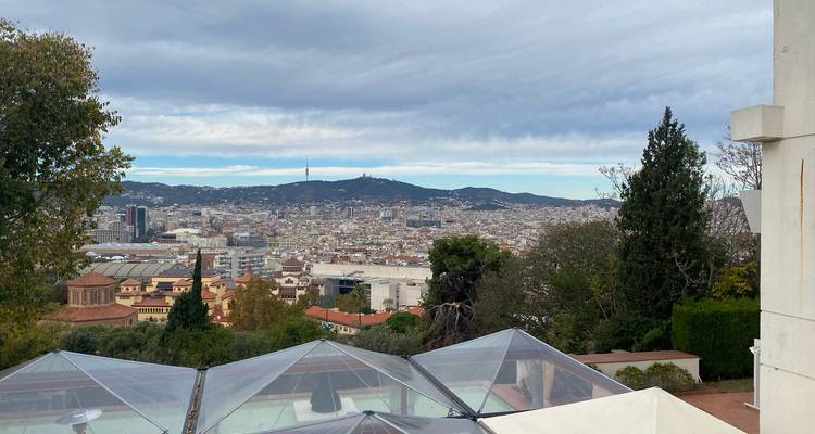 Vaste panorama urbain depuis un point de vue sur une colline avec des montagnes lointaines et un ciel nuageux.
