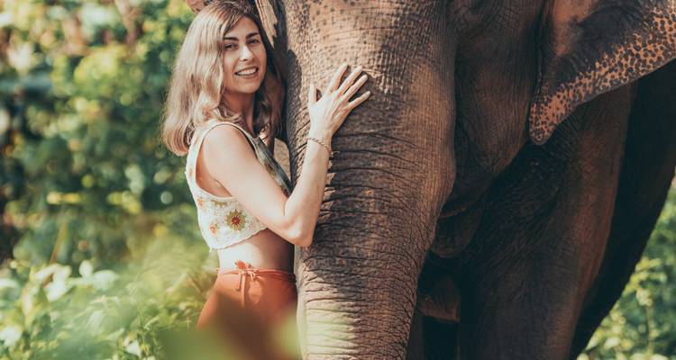 A woman embraces the front leg of an elephant amid sun-dappled greenery.