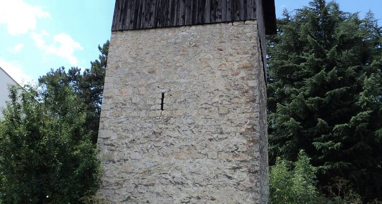 Una simple torre de vigilancia de piedra con techo de madera se encuentra entre la vegetación bajo un cielo parcialmente nublado.