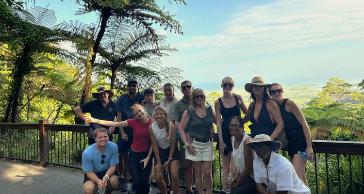 Un grand groupe de touristes posant ensemble sur une plateforme d'observation de la forêt tropicale avec des fougères arborescentes et des vues côtières.