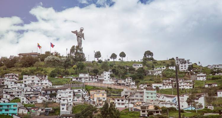 Une colline avec une statue et des drapeaux surplombant un quartier résidentiel.