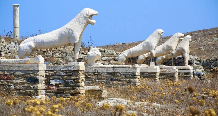Antiguas estatuas de leones de piedra alineadas en un campo de hierba seca.