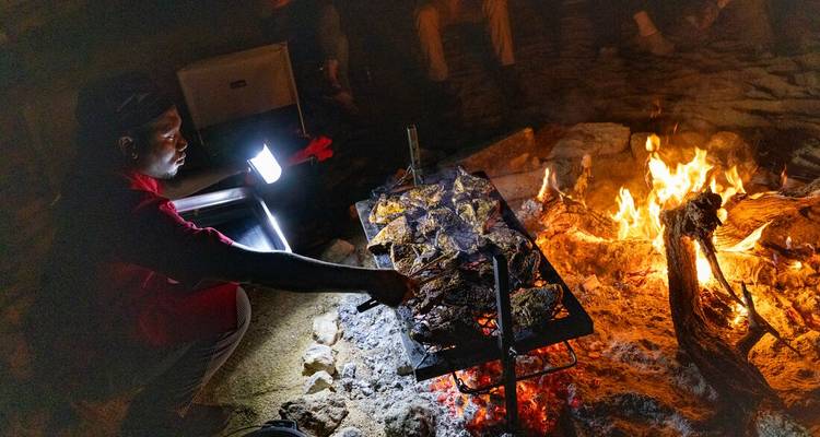 Un campista cocina carne sobre una fogata brillante bajo el cielo nocturno oscuro.