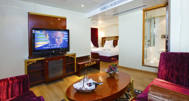 Interior de una habitación de hotel con televisión y zona de estar.