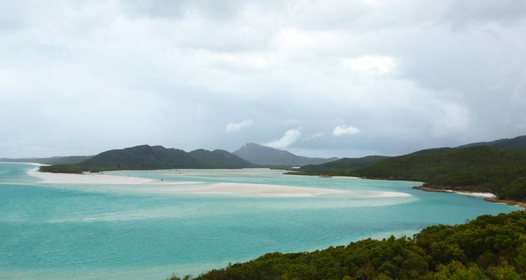 Ein malerischer Blick auf die Whitsunday Islands mit türkisfarbenem Wasser und üppigem Grün.