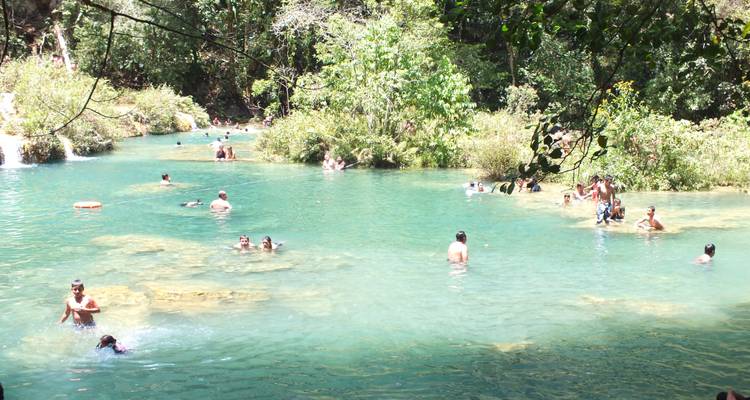 Des gens qui nagent dans une rivière entourée d'une végétation luxuriante.