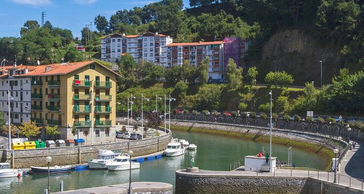 Vista de un pequeño puerto deportivo rodeado de edificios residenciales.
