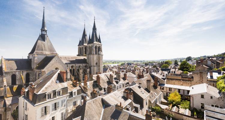 Vista aérea panorámica de Blois con una iglesia histórica dominando el horizonte.
