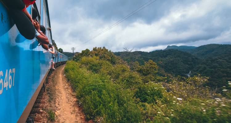 Trein die door bergachtig terrein rijdt.