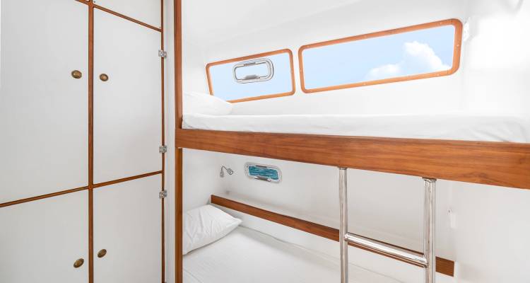 Cabine de yacht lumineuse et bien entretenue avec lits superposés, garnitures en bois et fenêtres rectangulaires laissant entrer la lumière naturelle.