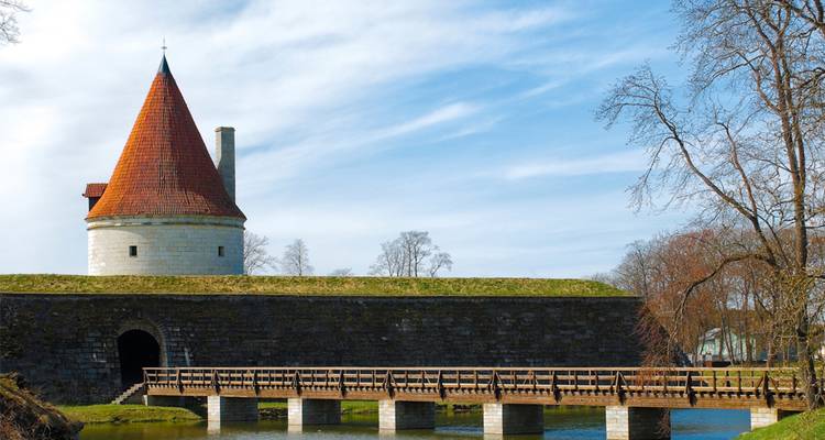 Une tour ronde médiévale aux murs de pierre et au toit de tuiles rouges se dresse à côté d'un pont en bois et d'une douve.