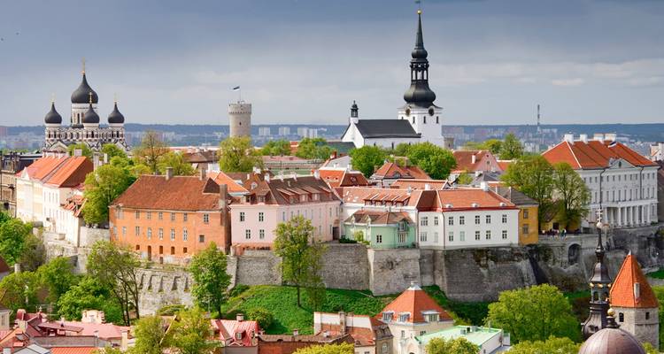 La silhouette colorée de la vieille ville de Tallinn, avec ses clochers d'églises et ses tours de château, s'élève au-dessus de ses murailles médiévales.