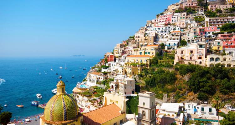 Picturesque coastal town on a steep hillside with a dome roof