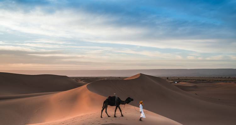 Chameau mené par une personne à travers les dunes de sable au coucher du soleil.